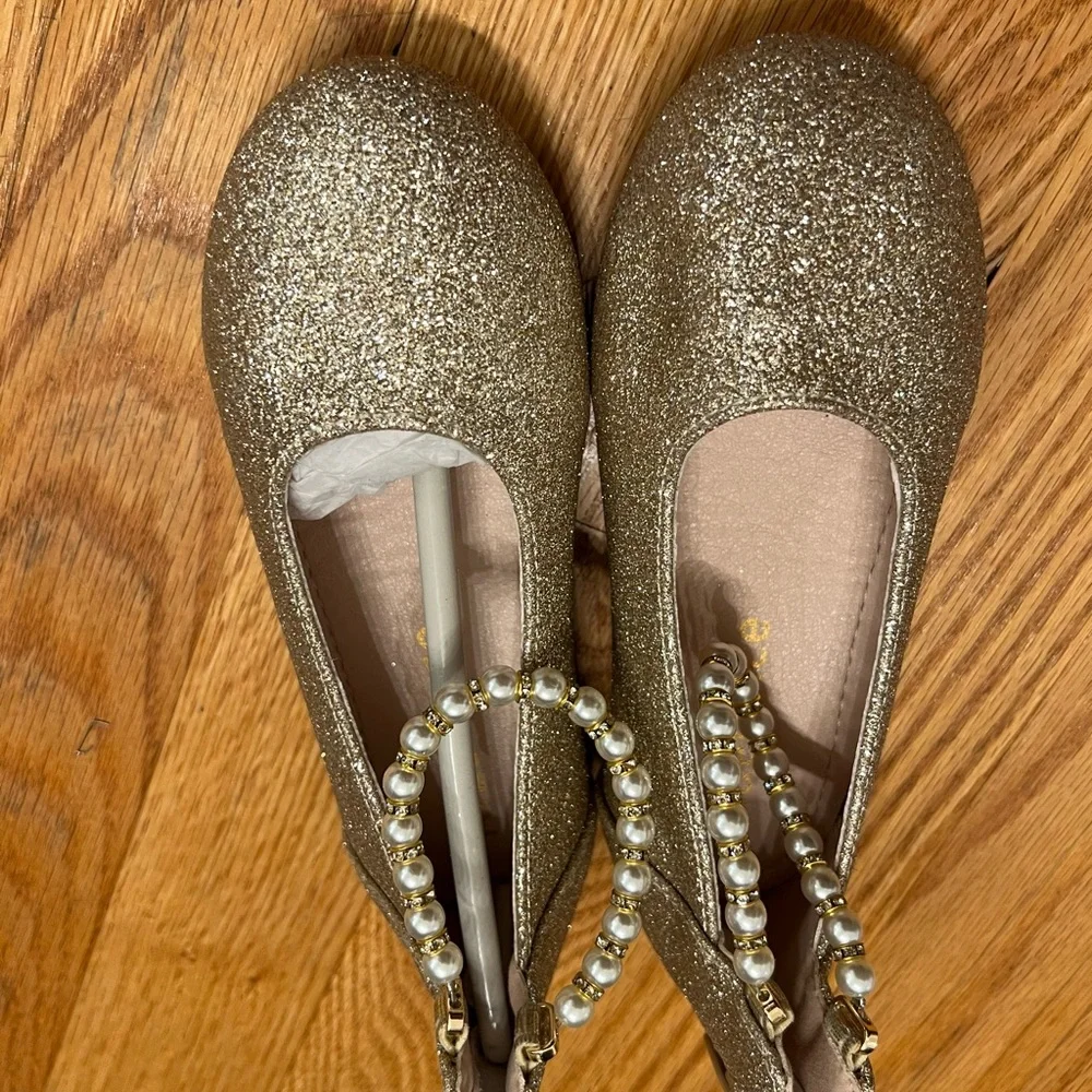 Gold Glitter ballet style Flats with Pearl Ankle Strap shoes